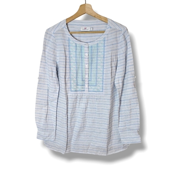 Vineyard Vines Linen Striped Tunic Top 10 Blue Embroidered Placket Roll-Tab - Picture 1 of 7